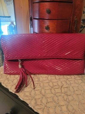 Cole Haan Patent Quilted Fold-Over Clutch with Tassel in Fuchsia